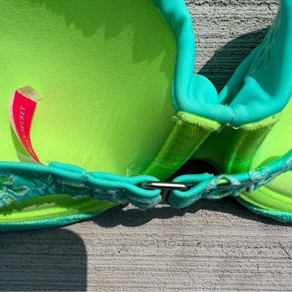 Victoria’s Secret 34D Teal Daisy Cutout Bandeau Bikini Top Halter tie Neon Green - Picture 3 of 5